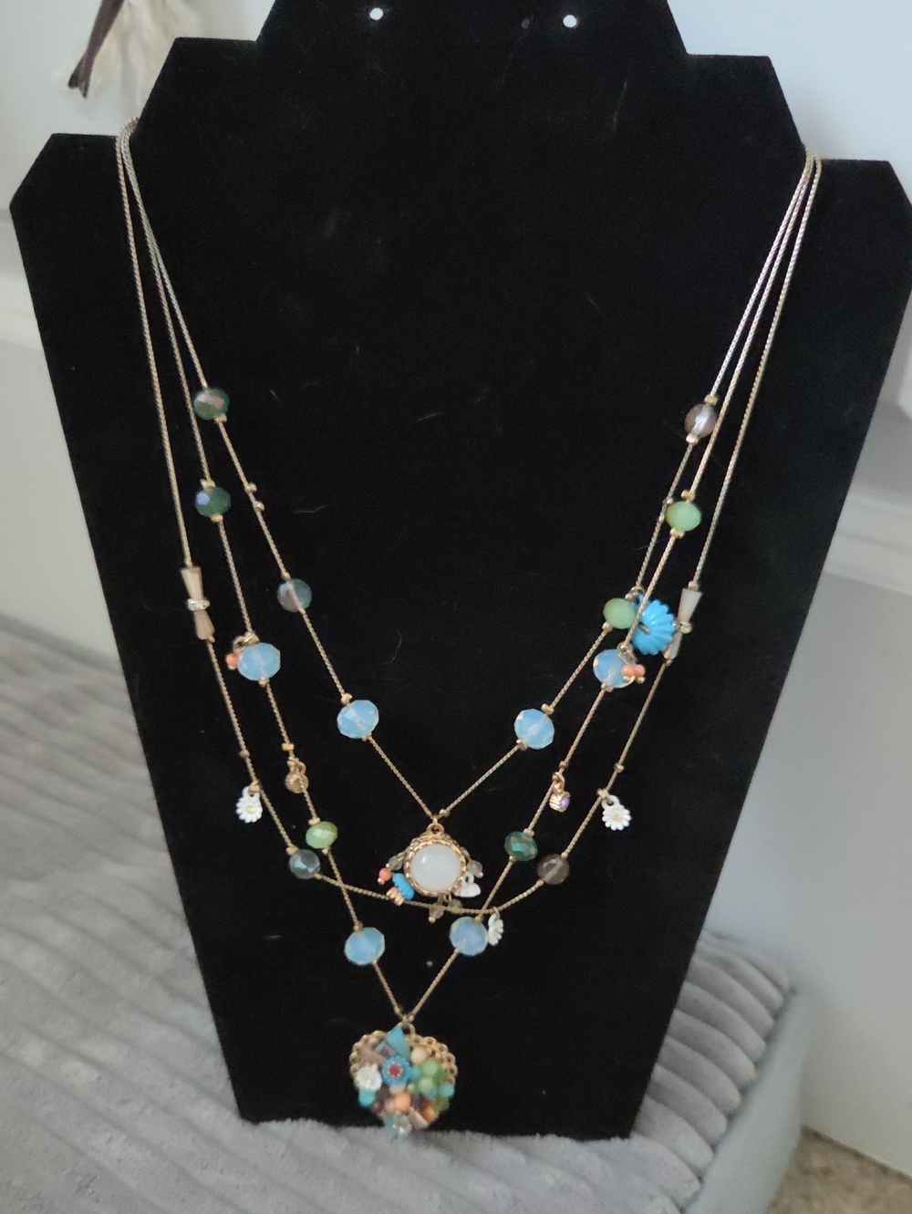Betsey Johnson Weave & Sew Multi-Strand Flower Heart Illusion Necklace